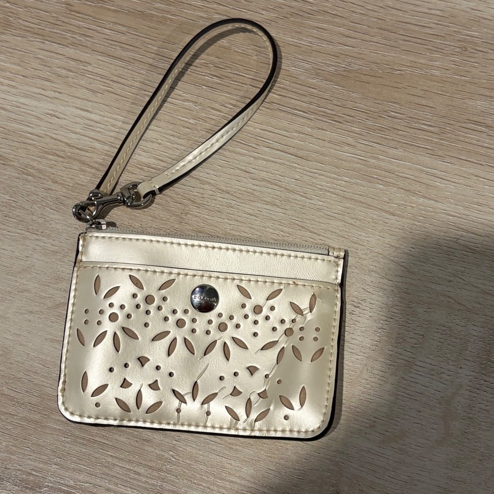 Coach Metallic Champagne Leather Laser Cut Floral Wristlet Card Case ID Holder